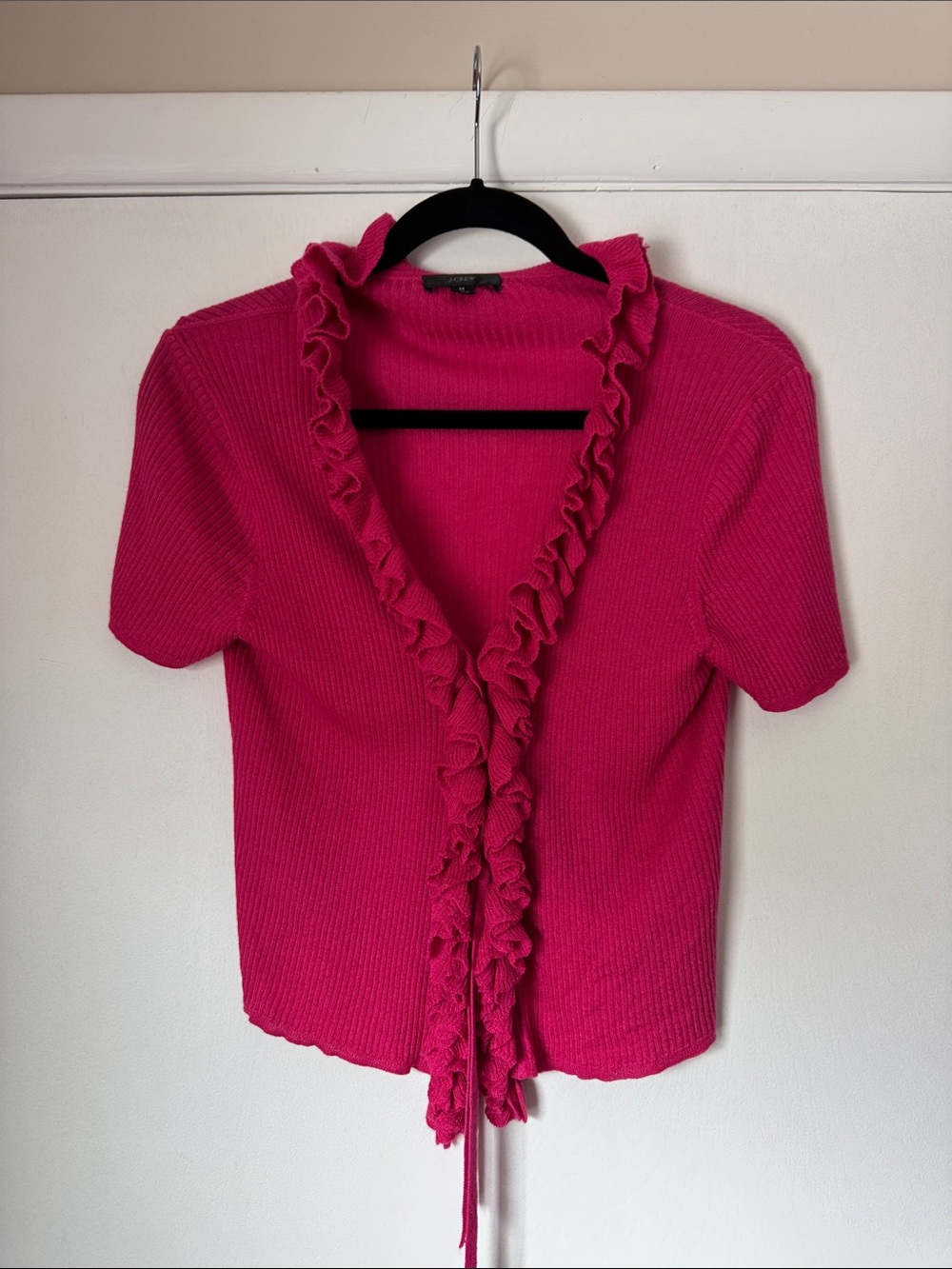 J. Crew Ruffle-Trim Ribbed Tie & Button Cropped Sweater - Picture 1 of 5